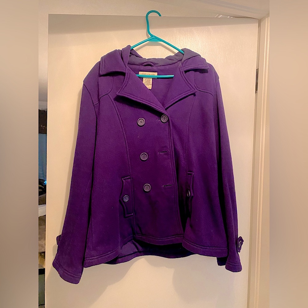 (XL) Purple Jersey Style Pea Coat w/ Hoodie.